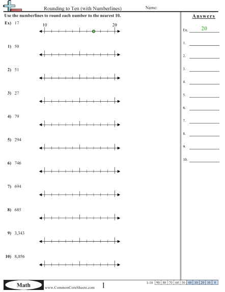 3.nbt.1 Worksheets - Rounding to Tens with Numberline worksheet